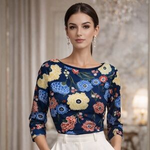Charter Club Navy Floral Long Sleeve Top